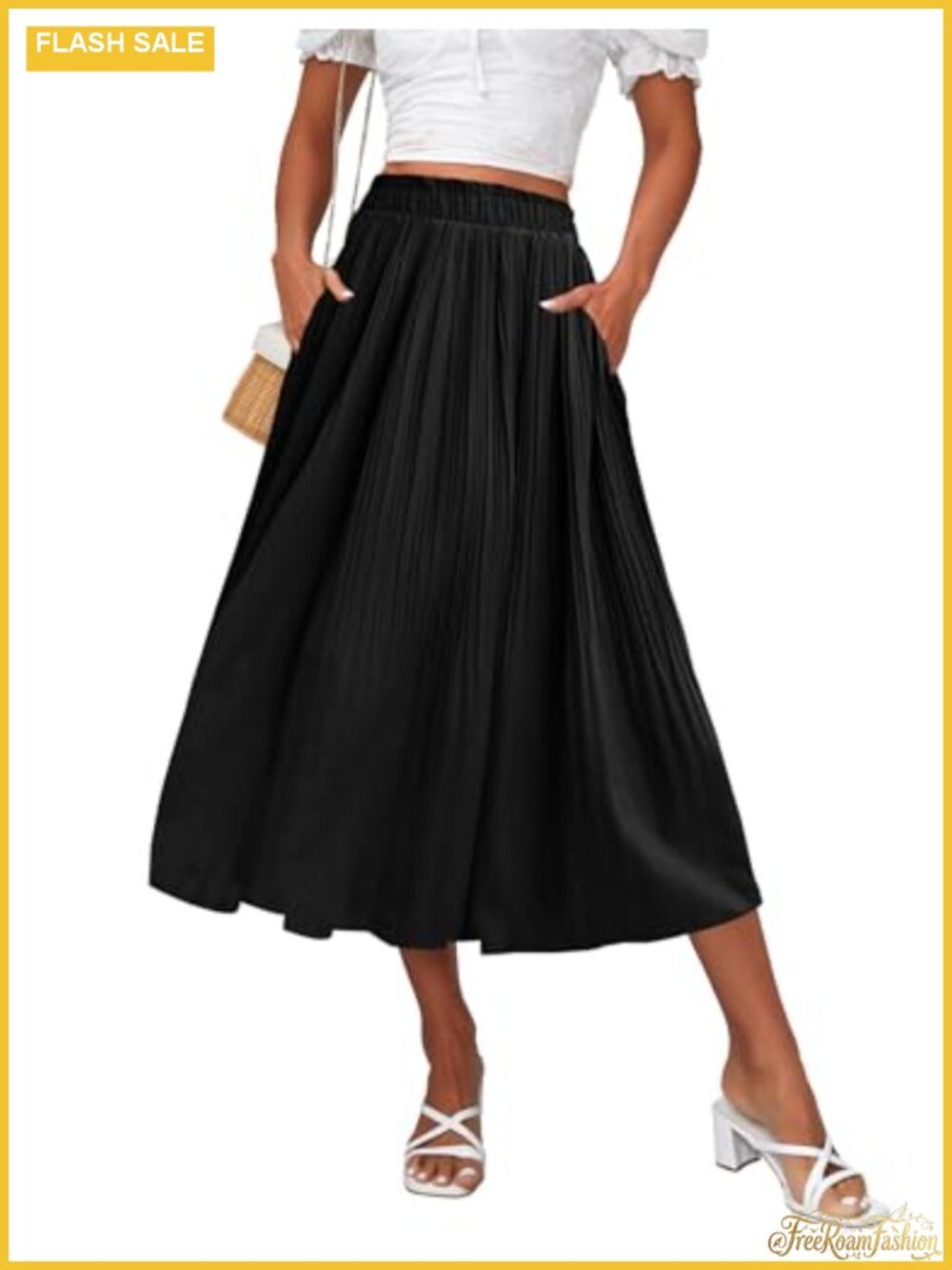 Pleated Midi Skirt High Waisted A-Line Swing Skirt with Pockets